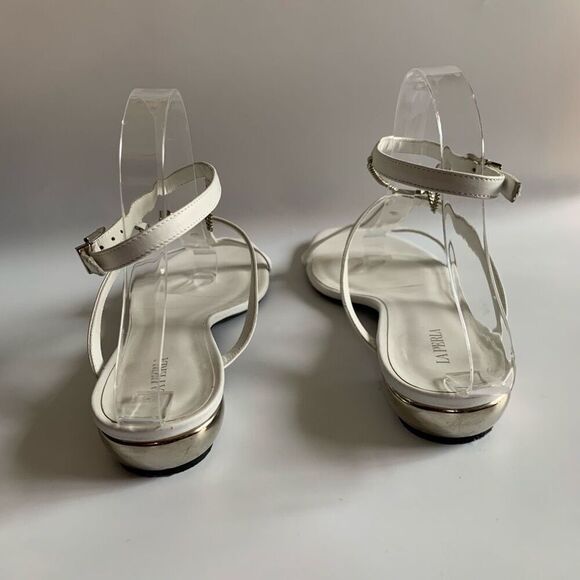 La Perla Leather T-Strap Chain Sandal in White Size 40 - Picture 7 of 12